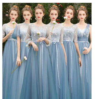 Düğün Konuk Elbiseler Nedime Elbisesi Kat Orta Uzunlukta Dantel Yüksek Veya Yuvarlak Boyun Koro Elbisesi Mavi Elbise Tül Elbise 3XL