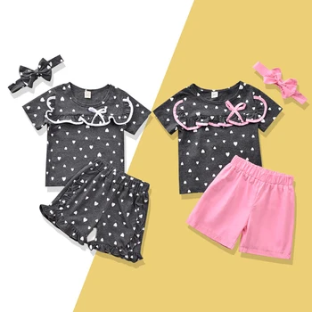 2022 Toddler Kız Giysileri Setleri Kafa Bandı İle Yaz Üstleri Şort 3 adet Kıyafetler Aşk Nokta Baskı moda Giyim 1-6 yıl