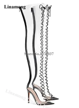 Linamong Moda Sivri Burnu açık PVC Stiletto Topuk Diz Gladyatör Botları Seksi Dantel-up Şeffaf Uzun Yüksek Topuk Çizmeler