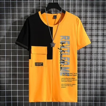 Yaz erkek t-shirt kısa kollu patchwork yüksek sokak tees mektup artı boyutu 8XL 9XL 10XL adam 160KG üstleri gevşek sarı tshirt