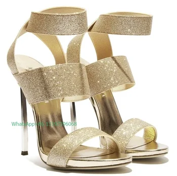 Lady altın sequins bling sandalet burnu açık seksi slingback stiletto topuk tasarım yüksek topuklu yaz zarif pompalar ayakkabı boyutu 46