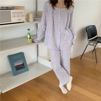 3 renk kawaii kiraz baskı pijama dantel pijama kore pijama uzun kollu sonbahar bahar ev giysileri pamuklu gazlı bez L440