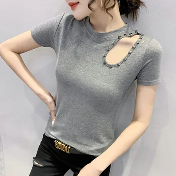 2022 Yaz Yeni Dikiş İnce Yuvarlak Boyun Düz Renk İçi Boş kısa kollu tişört kadın Moda Boncuklu Dip Gömlek