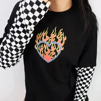 Yaz Kadın T Shirt Yangın Kalp Harajuku Gotik Komik Tee 90s Vintage Chic Ulzzang Kısa Kollu Casual Streetwear Unisex Giyim