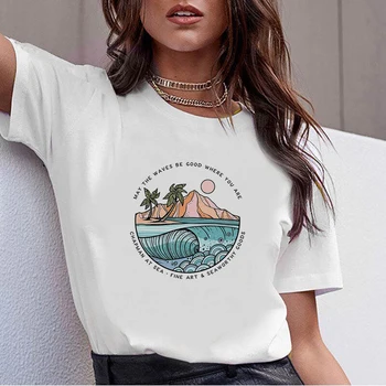 Kısa Kollu Kadın T-Shirt Rahat Yuvarlak dağ desen Baskı T shirt Kadın Moda kadın tişörtleri Streetwear Bayanlar