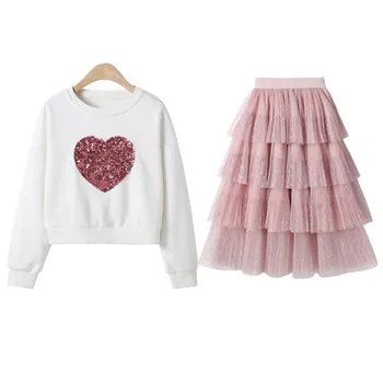 DFXD Büyük Kız Giyim Setleri 2019 Sonbahar Uzun Kollu Pullu Kalp Kazak Kazak + Örgü Kek Etek 2 adet Prenses Elbise 5-14Y