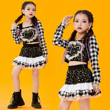 Hip Hop Çocuk Giysileri Kız Caz Kostüm Siyah Pullu Üstleri Etek Amigo Dans Performansı Kıyafet Podyum Sokak Giyim DNV15591