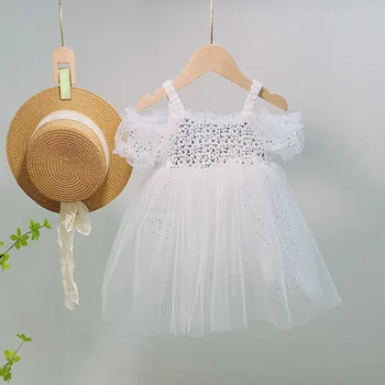 Moda Bebek Kız Balo Çocuklar Kızlar için Elbiseler düğün elbisesi Elbise Beyaz Renk Sequins Omuz Kapalı Elbise Yürümeye Başlayan Kız için