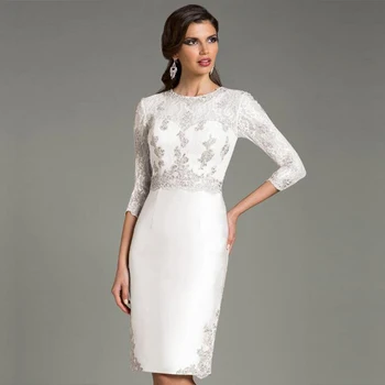 Saten Anne Gelin Elbiseler 3/4 Kollu Kılıf Abiye Beyaz Dantel Aplike Diz Boyu Seksi Düğün Konuk Törenlerinde 2022