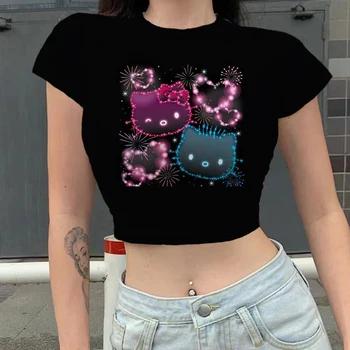 Seksi Kawaii Baskı Kadın Giyim Karikatür Y2k Parti Hello Kitty Yaz Kırpma Üst Slim Fit T Gömlek Sıkı kadın T-shirt Moda