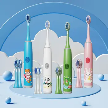 Çocuk Elektrikli Diş Fırçası Karikatür Desen ile Çocuklar için Değiştirin Diş Fırçası Kafa Ultrasonik Elektrikli Diş Fırçası 4 Kafaları