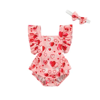 Bebek kız Sinek Kollu Romper Kafa Bandı ile sevgililer Günü Moda Kalp Baskılı Üçgen Tulumlar