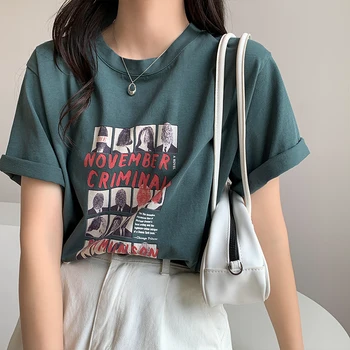 2022 Kadın Karikatür Baskılı t-shirt Yaz Y2K Gevşek T Shirt Moda Ofis Bayan Harajuku pamuklu üst giyim Tees Kadın Giysileri Mujer