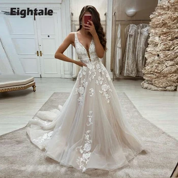 Eightale Boho Gelinlikler V Yaka Aplikler Dantel Şampanya düğün elbisesi A-Line Gelin Elbise 2022 suknia ślubna