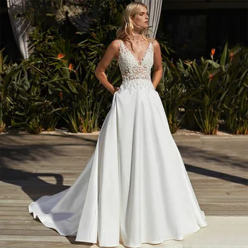 VİKTORİA Boho Seksi düğün elbisesi 2022 A-line Kat Uzunluk Backless Aplikler gelin kıyafeti Kadınlar İçin Custom Made Vestidos De Noiva