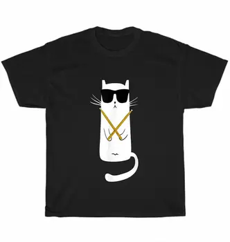 Komik Kedi Giyen Güneş Gözlüğü Oyun Davul Gildan O-Boyun Pamuk T Gömlek Erkekler Rahat Kısa Kollu Tees Tops Harajuku Streetwear