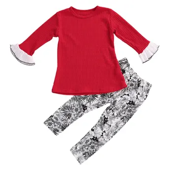 2-7Y Sonbahar Kış Toddler Bebek Kız Giysileri Set Uzun Kollu Yuvarlak Boyun Nervürlü Kazak Çiçek Baskı Pantolon 2 Adet Kıyafet