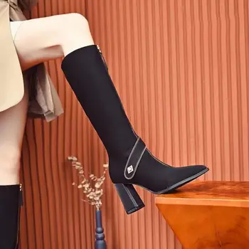 Moda Yüksek Topuklu Kadın Ayakkabı Diz Yüksek Gladyatör Botları 2022 Yeni Kış Sivri Burun Motosiklet Botları Goth Çizmeler Mujer Zapatos