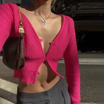 MEVSİM Moda Rahat Düz Renk Örme Hırka Parlak Renk Tek Göğüslü Kısa Tasarım Üst Kadın Streetwear ASTS83968