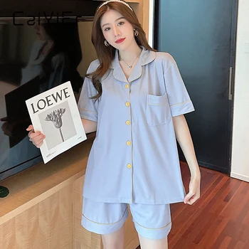 CAIYIER Yaz Pamuk Kadın Pijama Takım Elbise Saf Renk Femme Nighty Gömlek + Şort Pijama Sevimli Turn-aşağı Yaka Rahat Kıyafeti