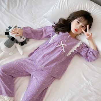 Kızlar Pijama Setleri Patchwork Dantel Ruffles Tops + Pantolon 2 adet Yumuşak Tatlı Mor Pijama Kızlar için Gecelik Çocuk Pijama 8 10 12 16