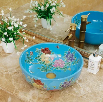 Yuvarlak Şekil Avrupa Tarzı El Yapımı Tezgah Seramik Banyo banyo lavabosu porselen kase lavabo