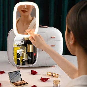 2022 Yeni Kozmetik Saklama kutulu ayna led ışık Masaüstü Makyaj Takı Güzellik Durumda Toz Geçirmez Çekmece Organizatör Kozmetik