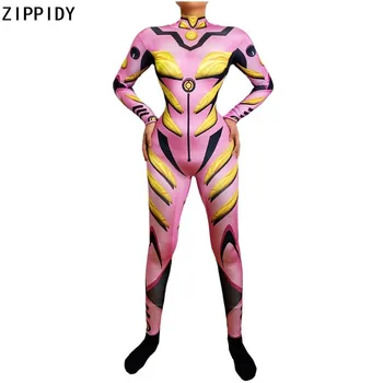 2021 Sarı Pembe Anime Desen Spandex Tulum Bar Cosplay Gösterisi Kıyafet Kadın Dans Rol Yapma Legging Robot Giyim