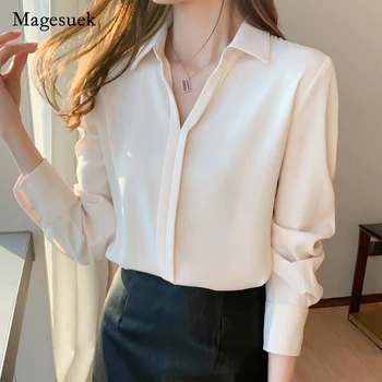 2021 Yeni Bahar V Yaka Şifon Gömlek Kore Uzun Kollu Beyaz Gömlek Saten Kazak Ofis Bayanlar Bluz Kadınlar Katı Üstleri 12860