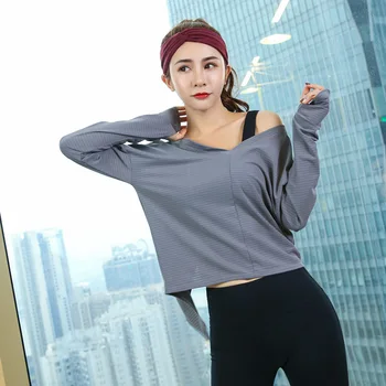 Kadın Gevşek Yoga Gömlek Bölünmüş Koşu Spor Kazak Uzun Kollu Başparmak Deliği Spor T-shirt Hızlı Kuru Spor Egzersiz Eğitim Üst