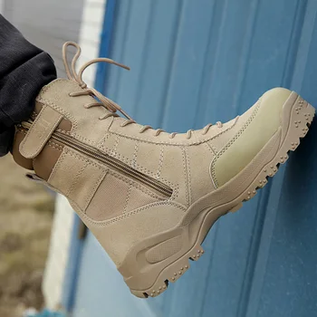 Erkekler Yürüyüş Açık Avcılık Çizmeler Deri Fermuar Yüksek Üst Kamp Tırmanma Trekking Sneakers Adam Askeri Taktik Ordu Çizme
