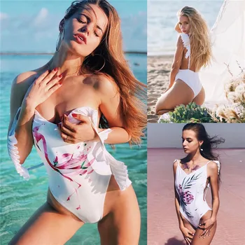 Flamingo Mayo Kadınlar Bir Adet Beyaz Bikini 2020 Karın Kontrol Boho Çiçek Baskı Monokini Mayo mayo Giyim Genç Kızlar