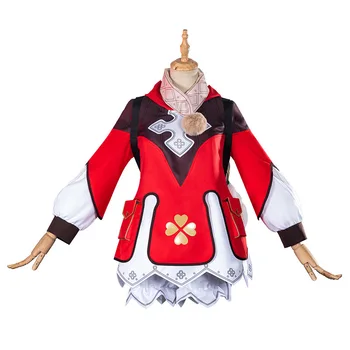 Oyun Genshin Darbe Kadın Klee Cosplay Kostüm Cadılar Bayramı Karnaval Kırmızı Elbise Loli Sevimli Kıyafet Tüy Şapka Kulaklar Peruk Tam Set Sahne