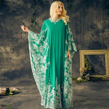 2022 Muhteşem Suudi Arapça Yeşil Akşam Parti Elbiseler Mücevher Uzun Kollu Dantel Aplikler Müslüman Balo Örgün Önlük Robe De Soirée