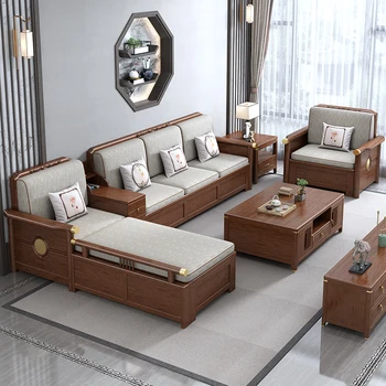 Yeni Çin tarzı masif ahşap kanepe tam masif ahşap ışık lüks ceviz oturma odası küçük aile çift amaçlı depolama kombinasyonu