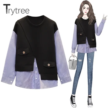 Trytree 2021 Bahar Rahat kadın Tişörtü O-Boyun Patchwork Çizgili Kol Düğmeleri Cepler T-shirt Streetwear Kadınlar için Tops
