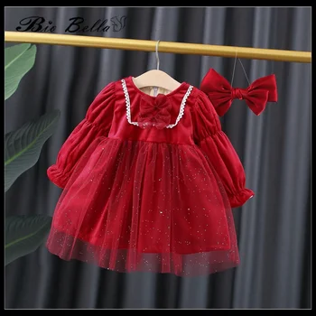 Kış Bebek Kız Elbise Moda Prenses Yay Çiçek Tül Çocuklar Kız Elbise İçin 1-4 Yıl Noel Doğum Günü çocuk Giysileri
