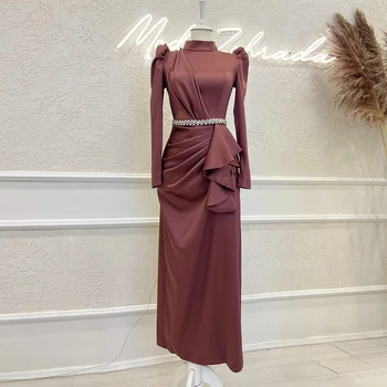 Modern Abiye Kadınlar İçin Uzun Kollu Yüksek Boyun Kristal Balo Abiye Saten Çay Boyu Meimaid Örgün Durum Elbise