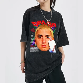 Eminem Baskı erkek pamuklu giysiler Yaz Vintage Büyük Boy T-Shirt Kadın Kısa Kollu Tees Nötr Rahat Moda Yıkanmış Üstleri