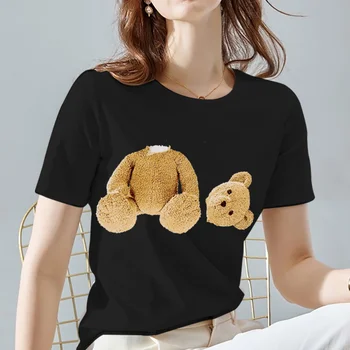 Yaz kadın T-Shirt Kawaii Ayı Desen Serisi Bayanlar Siyah Tüm Maç O-Boyun Kadın Kısa Kollu Tees kadın giyim