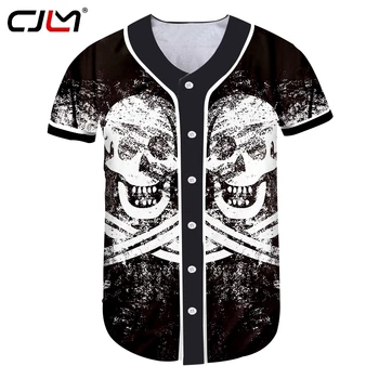 CJLM Unisex Hip Hop Kafatasları Beyzbol Gömlek Adam Büyük Boy T-shirt 3D Tam Baskılı Siyah Beyaz Çapraz Kılıç erkek Sokak Tshirt