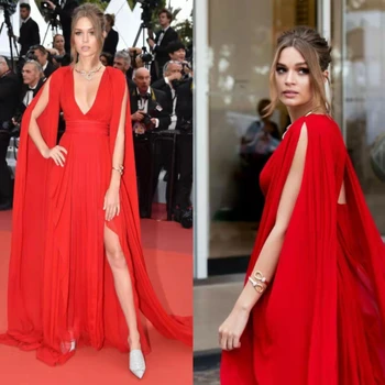 Seksi Uzun Kırmızı Şifon Ünlü Elbiseleri فساتين السهرة A-Line Pileli Abendkleider Elbiseler de Soirée Kadınlar için