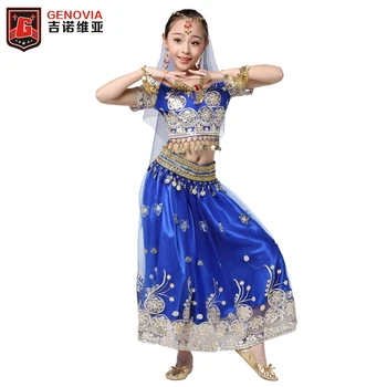 Çocuk çocuk Oryantal Dans Şifon Bollywood Kostüm Hint Dans Kıyafeti Cadılar Bayramı 5 adet Set (Üst Kemer Etek Peçe Başlığı)