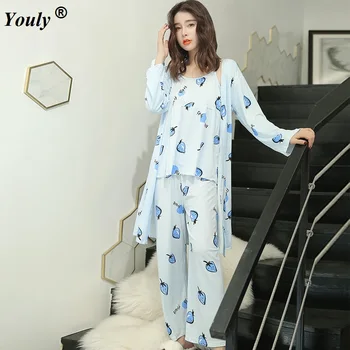 2021 Bahar Yaz Kadın Baskı Sevimli 3 Adet Çiçek Pijama Setleri Kadınlar Seksi Çiçek Pamuklu Pijama Bornoz Pijama Pantolon Takım Elbise