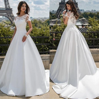 Beyaz O-Boyun Kısa Kollu Saten Aplike Dantel A-line düğün elbisesi Gelin İçin 2021 Tasarım Vestido de Noiva