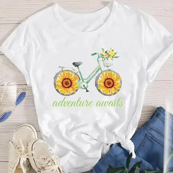 Kadın Tees Bisiklet Çiçek Komik Sevimli Güzel Kadın Karikatür Bayan Moda Giyim Baskı Kısa Kollu Üstleri Grafik Tshirt T-Shirt