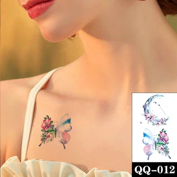 Suluboya Kelebek menisküs çiçekleri Su Geçirmez Geçici Dövme Etiket Tasarım Sahte Dövmeler Flaş Dövmeler Göğüs Vücut Sanatı Kadın