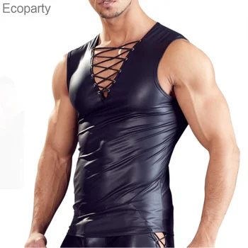 Seksi PU Deri Bandaj Tankları Eşcinsel Iç Çamaşırı Üstleri Kıyafeti Seks Sahne Dans Giyim erkek Erotik Tankı Iç Çamaşırı Yelek Costume18