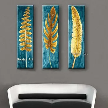 3 Panel el yapımı Güzel Bıçak Altın Yapraklar Tuval Boyama Resimleri El Boyalı Soyut altın Yağlıboya modern tablo