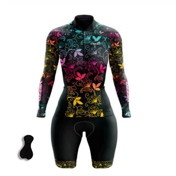 Pro Takım triatlon atleti kadın Bisiklet Jersey Setleri Pembe Uzun Kollu Skinsuit Tek Parça Tulum Ropa Ciclismo Speedsuit Trisuit